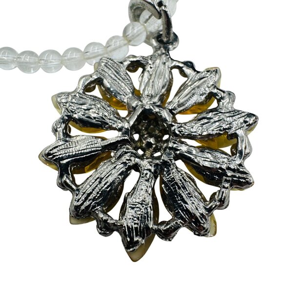1990's Yellow Sunflower Pendant Necklace w/Clear Beads Shimmer Flaked Petals - Picture 3 of 13